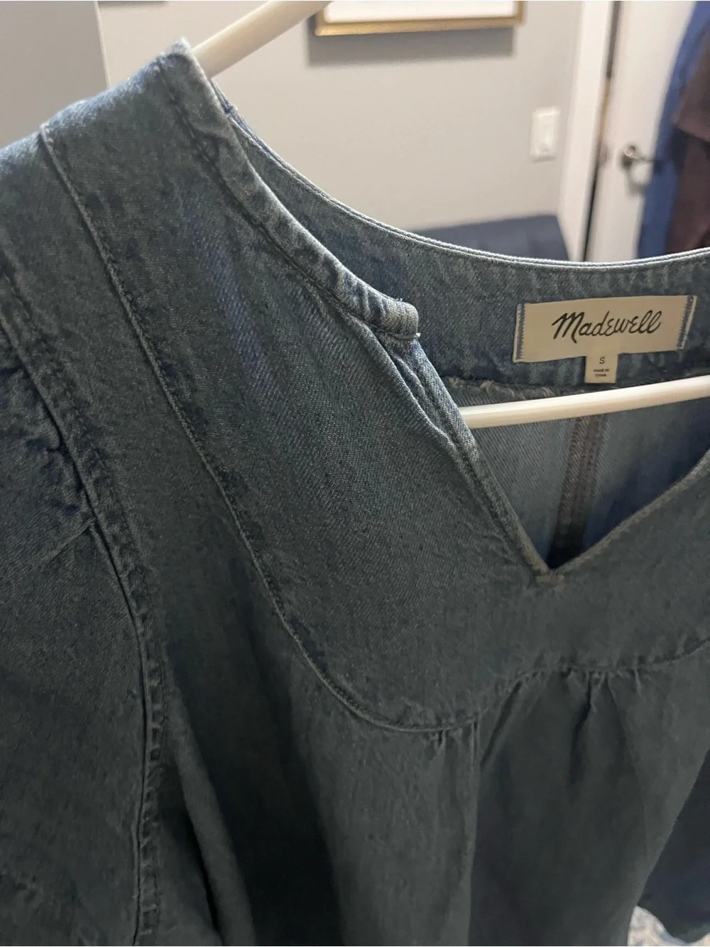 Madewell Slate Blue Denim Short Puff-Sleeve Peasant Top